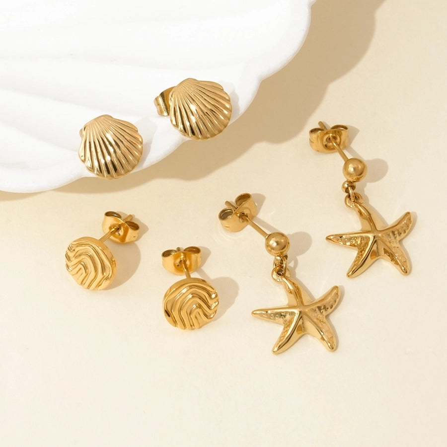 1 Pair Vacation Starfish Shell Polishing 304 Stainless Steel 14K Gold Plated Drop Earrings Ear Studs