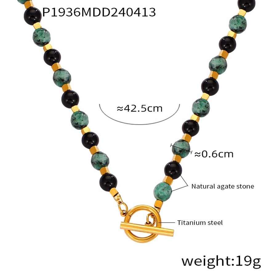 304 Stainless Steel natural stone Agate 18K Gold Plated Casual Retro Beaded Enamel Plating Round Necklace