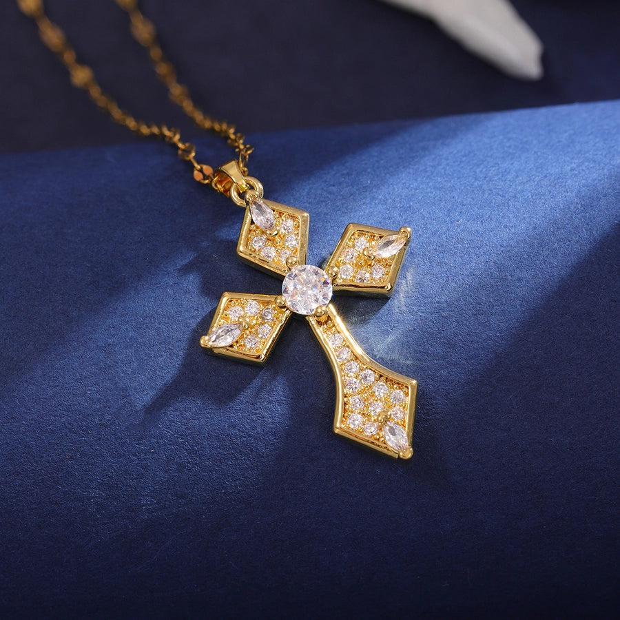 Classic Style Cross 304 Stainless Steel Copper Inlay 18K Gold Plated Zircon Pendant Necklace