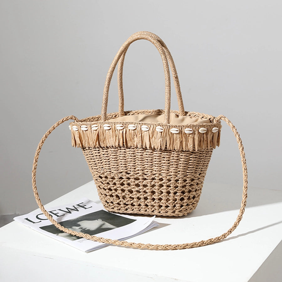 Women's Medium Straw Solid Color Vacation Beach Weave Bucket String Straw Bag