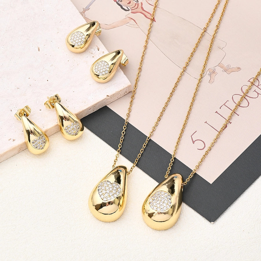 304 Stainless Steel Copper 18K Gold Plated Polishing Plating Inlay Round Water Droplets Heart Shape Zircon Jewelry Set