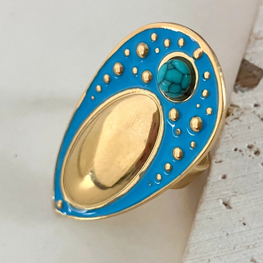 304 Stainless Steel Gold Plated Modern Style Sweet Asymmetrical Enamel Plating Round Water Droplets Turquoise Open Rings