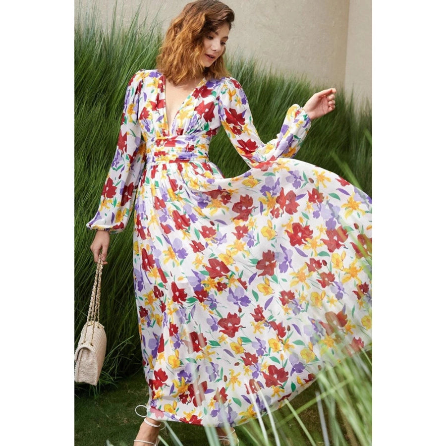 Women's Swing Dress Streetwear V Neck Long Sleeve Flower Maxi Long Dress Holiday