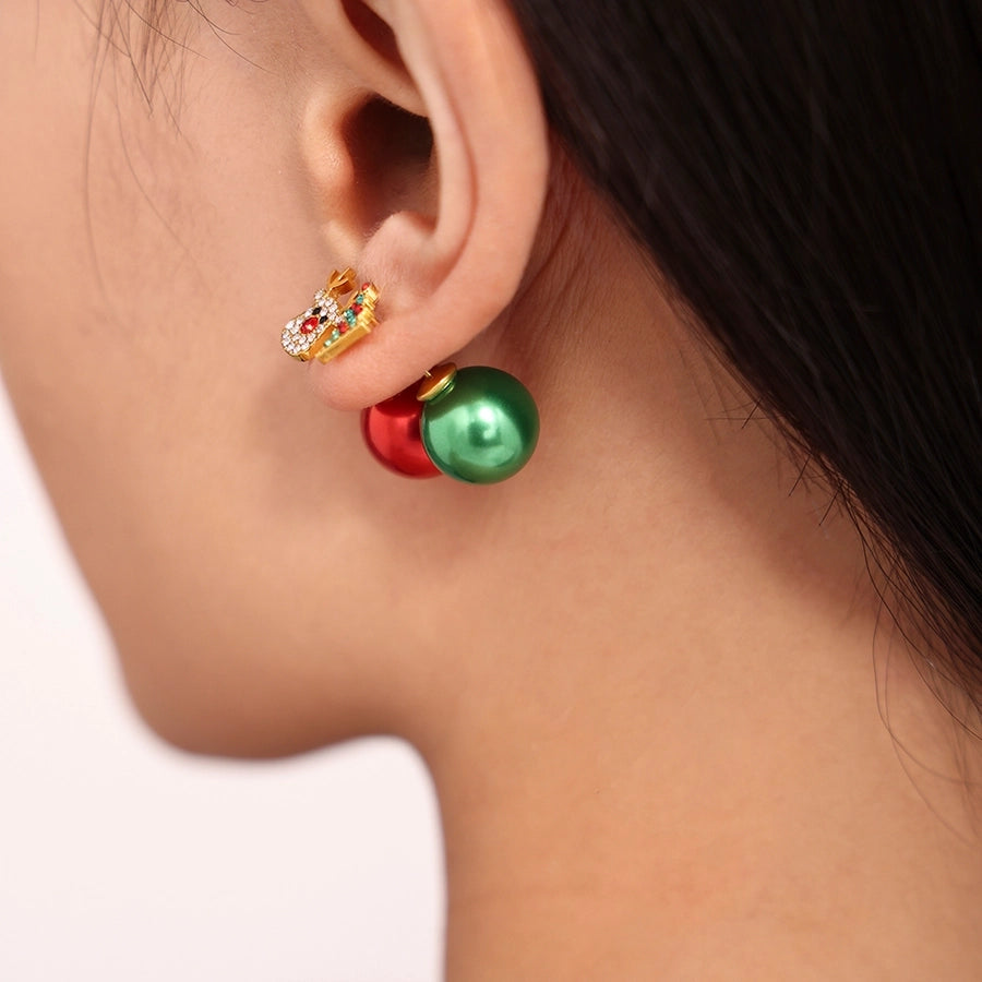 1 Pair Cute Christmas Tree Elk Plating Inlay 304 Stainless Steel Zircon 18K Gold Plated Ear Studs