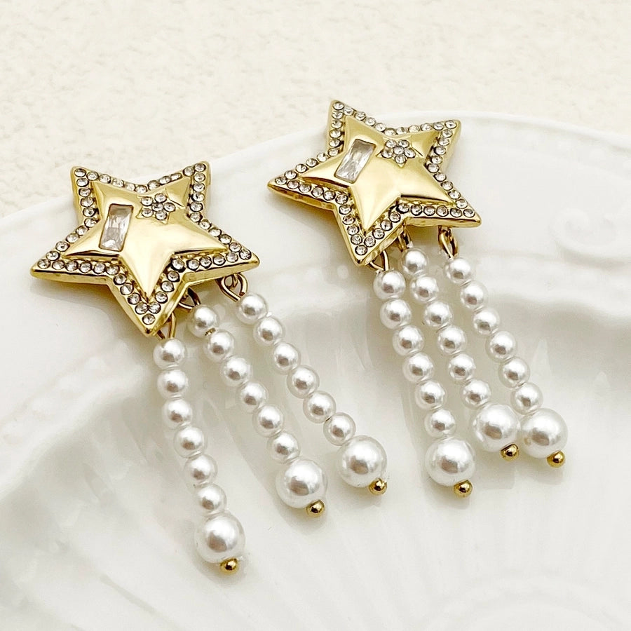 1 Pair Lady Sweet Korean Style Star Heart Shape Flower Tassel Inlay 304 Stainless Steel Artificial Pearls Rhinestones 14K Gold Plated Drop Earrings