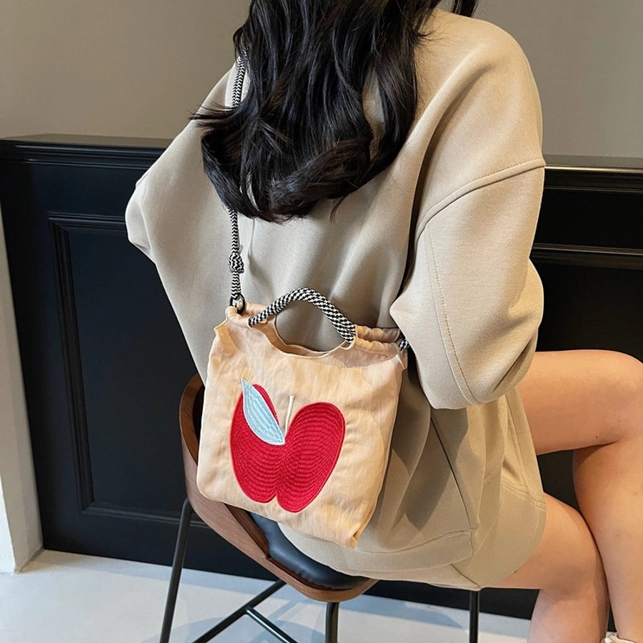 Women's Small Nylon Apple Streetwear Embroidery Square Open Tote Bag