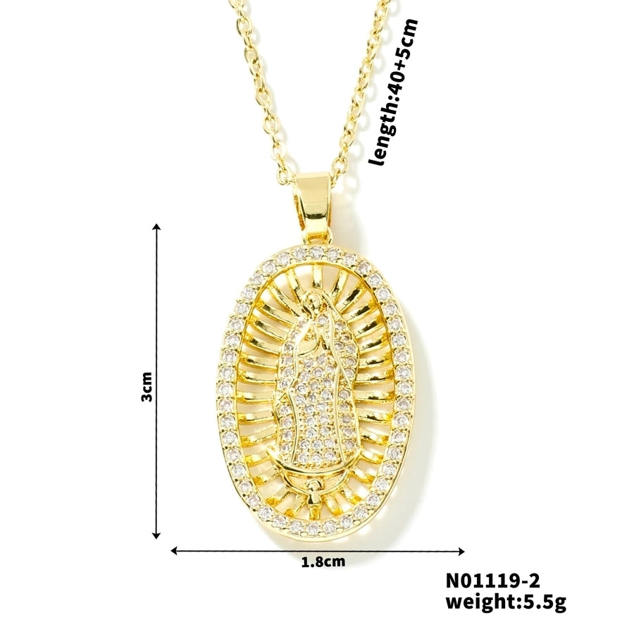 Jewelry Vintage Style Virgin Mary Oval Heart Shape 304 Stainless Steel Copper Zircon K Gold Plated Inlay Pendant Necklace