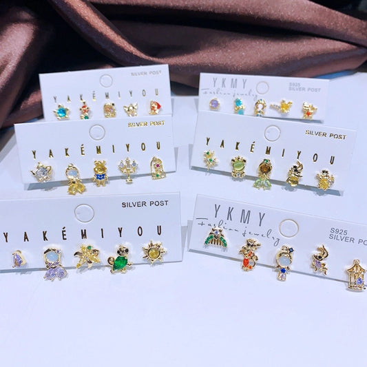 1 Set Sweet Cartoon Character Inlay Copper Zircon Ear Studs