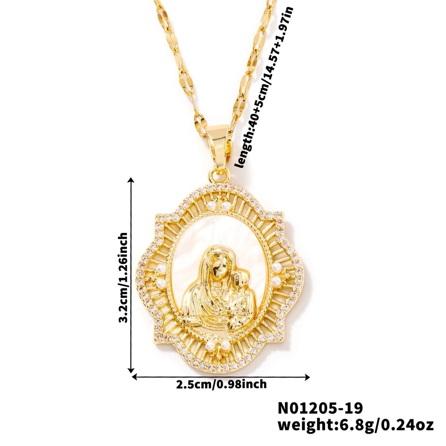 Jewelry Vintage Style Religion Artistic Round Virgin Mary 304 Stainless Steel Copper Zircon K Gold Plated Inlay Pendant Necklace