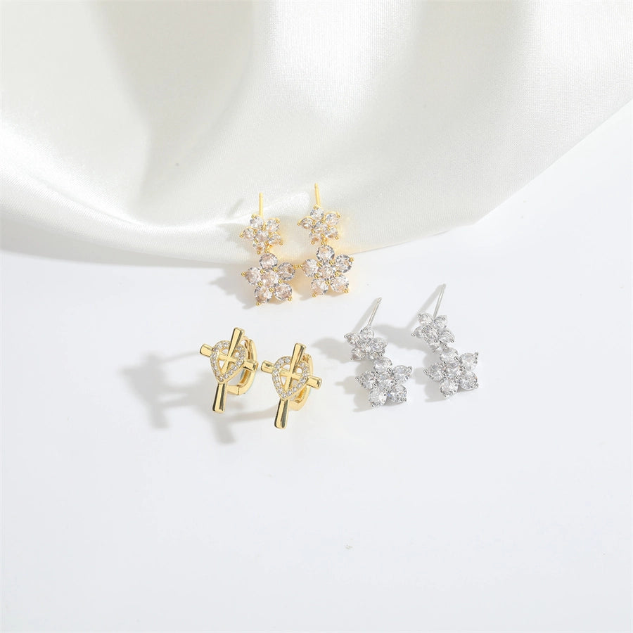 1 Pair Simple Style Shiny Cross Heart Shape Flower Inlay Copper Zircon 14K Gold Plated Copper Earrings - CEJEW