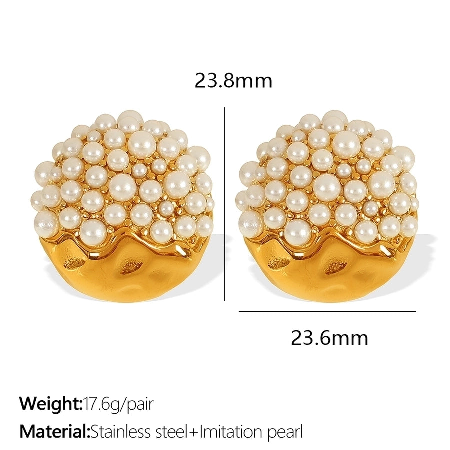 1 Pair IG Style French Style Shiny Round Polishing Inlay 304 Stainless Steel Artificial Gemstones Artificial Pearls 18K Gold Plated Ear Studs