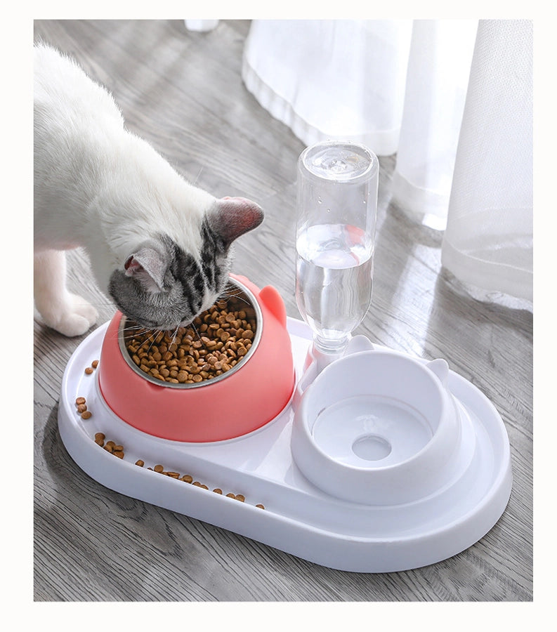 Stainless Steel Cat Dog Dual Bowl Slanted Mouth Protects Vertebras Pet Food Bowl Cat Supplies Trendy Double Neck Protection