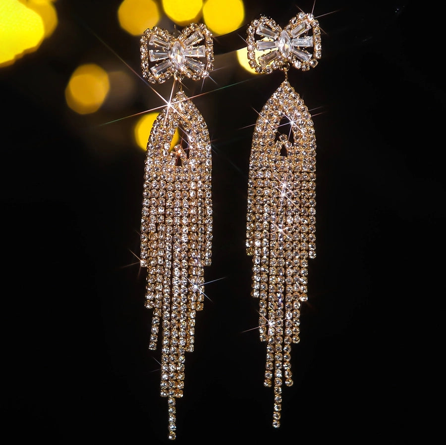 1 Pair Lady Wedding Shiny Tassel Inlay Copper Artificial Diamond Drop Earrings