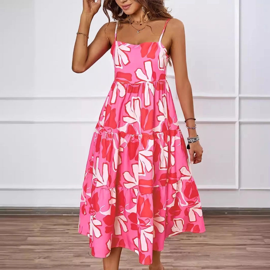 Women's Strap Dress Elegant Strap Sleeveless Flower Midi Dress Holiday