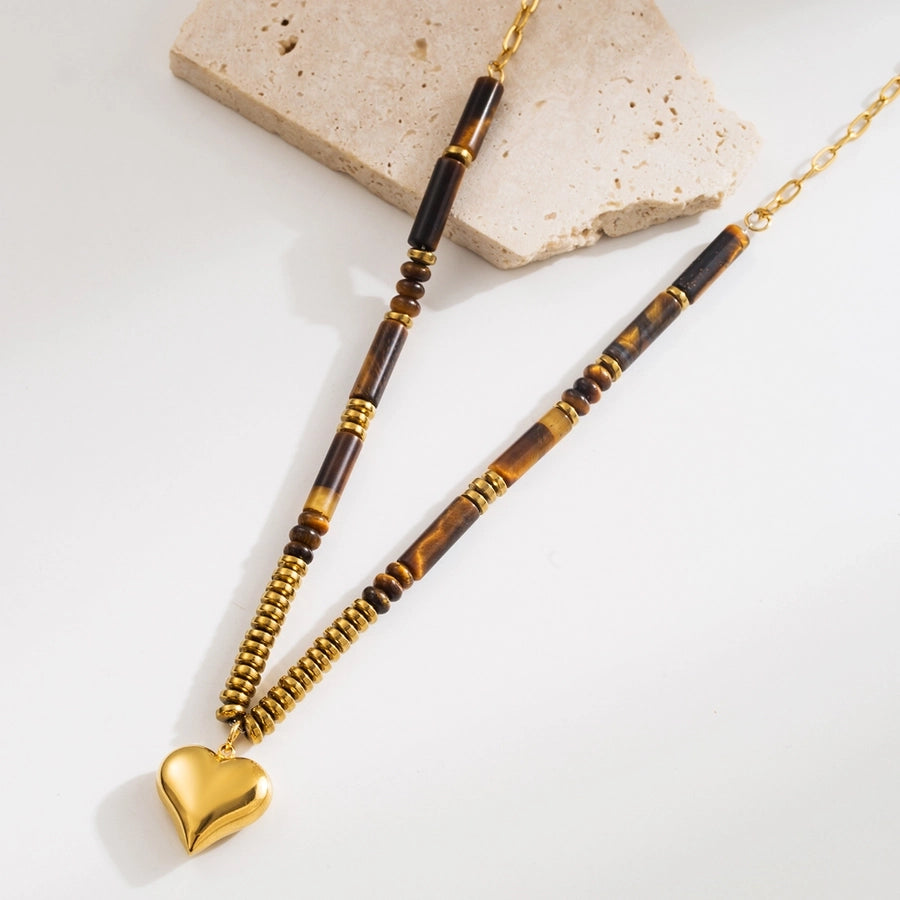 Jewelry Casual Classic Style Heart Shape 304 Stainless Steel Natural Stone Gold Plated Beaded Pendant Necklace