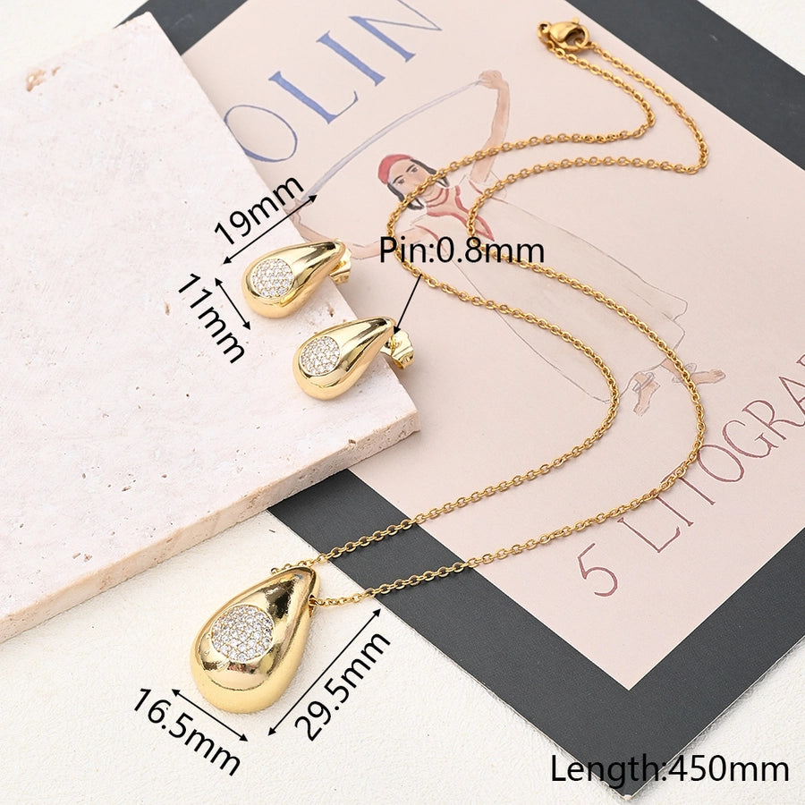 304 Stainless Steel Copper 18K Gold Plated Polishing Plating Inlay Round Water Droplets Heart Shape Zircon Jewelry Set