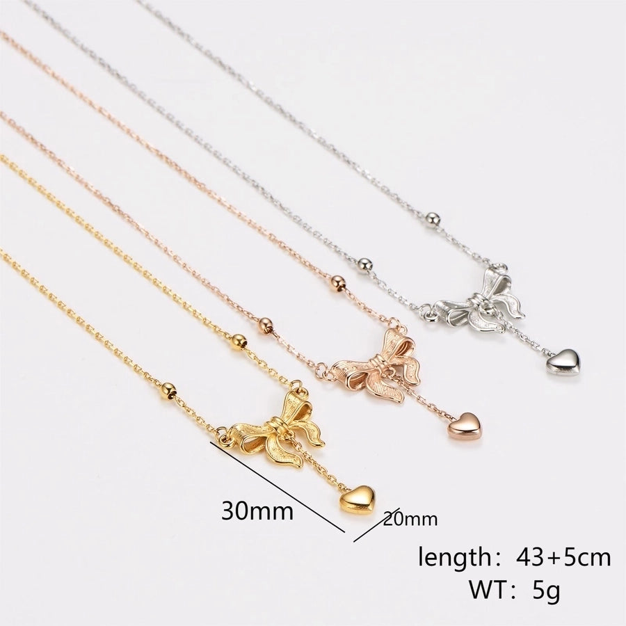 Jewelry Queen Bridal Shiny Heart Shape Bow Knot 304 Stainless Steel Pendant Necklace