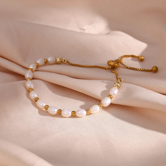 304 Stainless Steel Freshwater Pearl 18K Gold Plated Basic Simple Style Classic Style Plating Round Bracelets - CEJEW