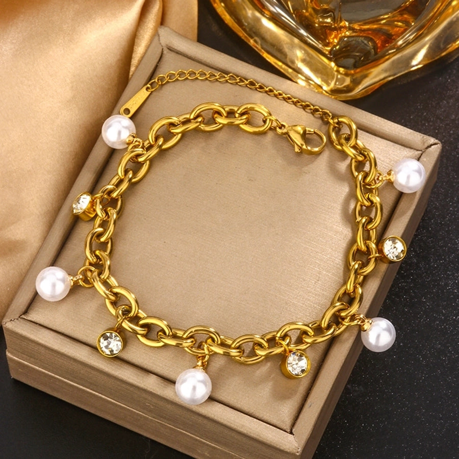 Hip-Hop French Style Commute Four Leaf Clover Devil's Eye Butterfly 304 Stainless Steel 18K Gold Plated Pearl Zircon Bracelets In Bulk