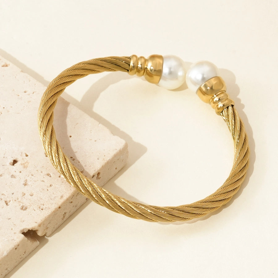 IG Style Geometric 304 Stainless Steel 14K Gold Plated Pearl Bangle In Bulk