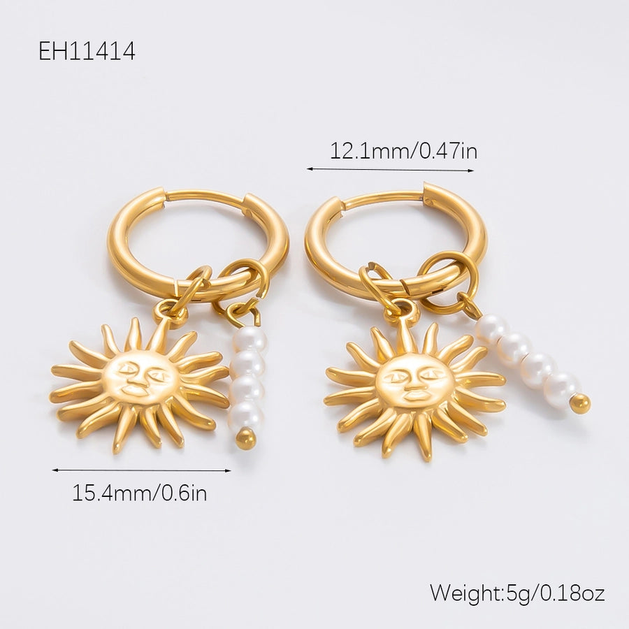 1 Pair Simple Style Sun Hippocampus Solid Color Pearl Inlay 304 Stainless Steel Turquoise Zircon Drop Earrings Earrings