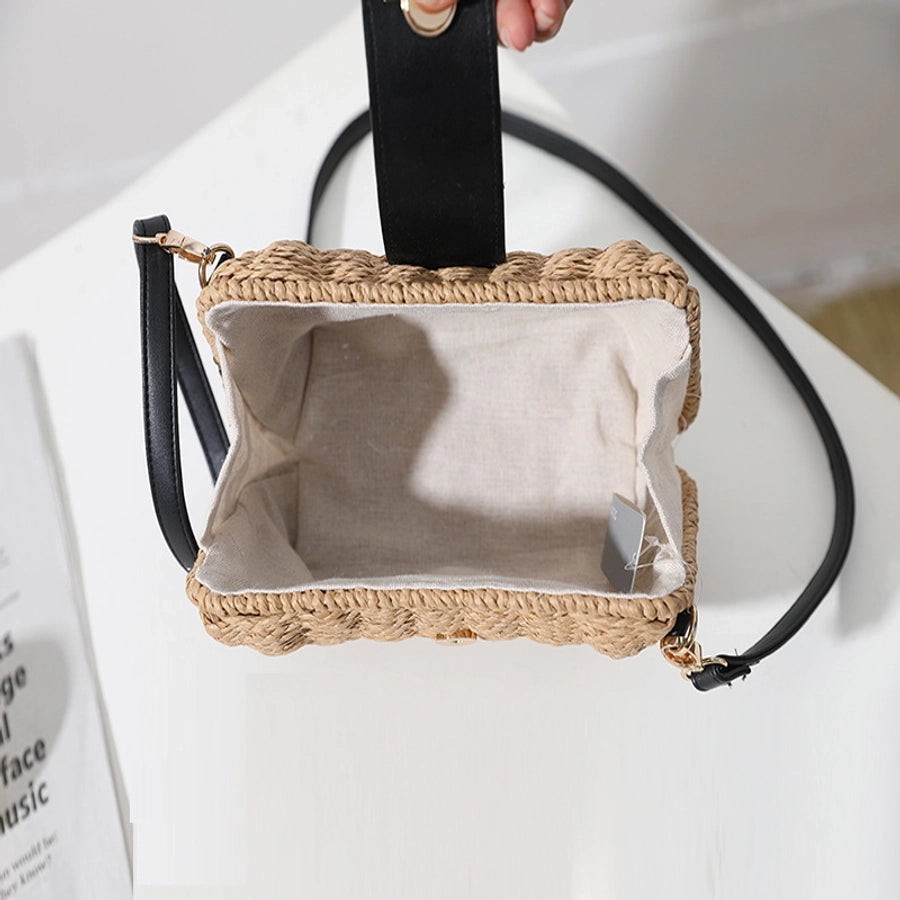 Women's Straw Solid Color Vacation Weave Square Magnetic Buckle Crossbody Bag