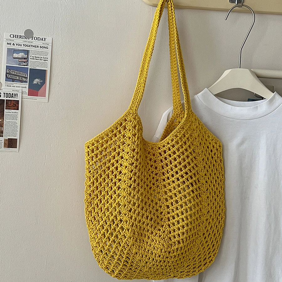 Women's Medium Cotton Solid Color Elegant Streetwear Weave Square Open Straw Bag