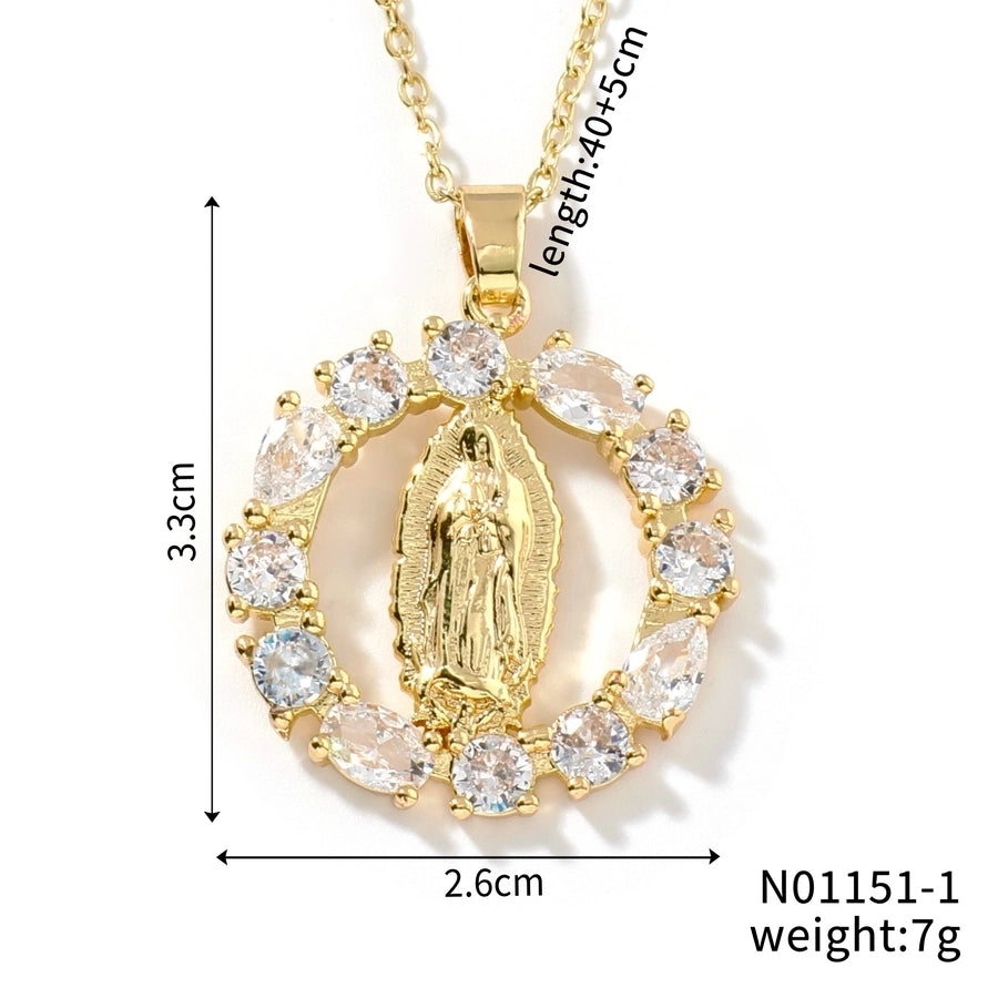 Jewelry Vintage Style Virgin Mary Oval Heart Shape 304 Stainless Steel Copper Zircon K Gold Plated Inlay Pendant Necklace