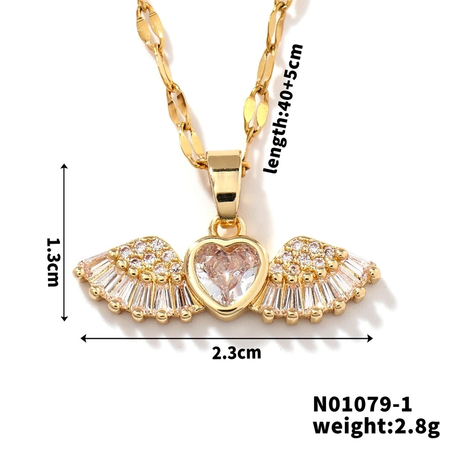 304 Stainless Steel Copper K Gold Plated Rhodium Plated Inlay Wings Zircon Pendant Necklace