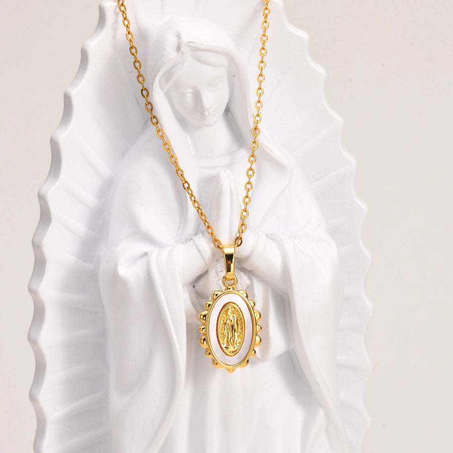 Jewelry IG Style Portrait Virgin Mary 201 Stainless Steel Shell Zircon 18K Gold Plated Inlay Pendant Necklace - CEJEW