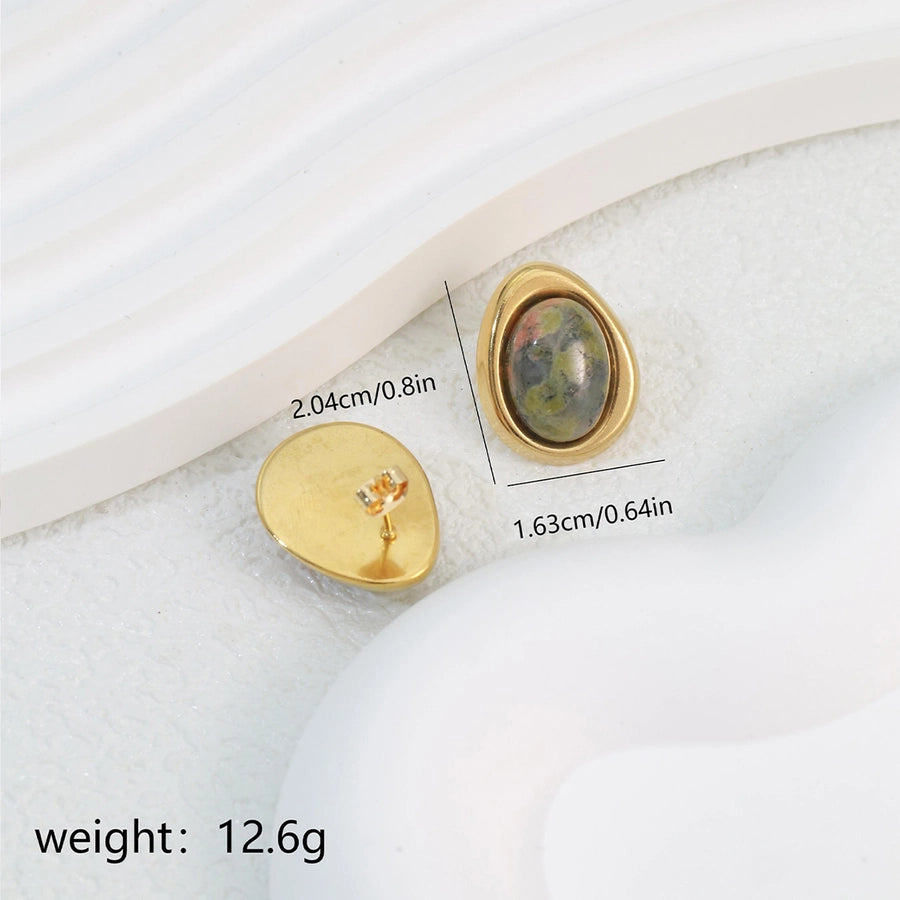 1 Pair Elegant Classical Commute Oval Inlay 304 Stainless Steel Opal 18K Gold Plated Ear Studs