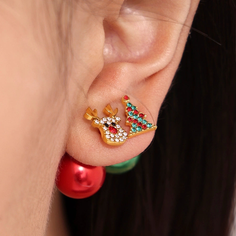 1 Pair Cute Christmas Tree Elk Plating Inlay 304 Stainless Steel Zircon 18K Gold Plated Ear Studs