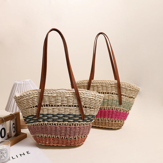 Women's Straw Stripe Vintage Style Shell Zipper Shoulder Bag