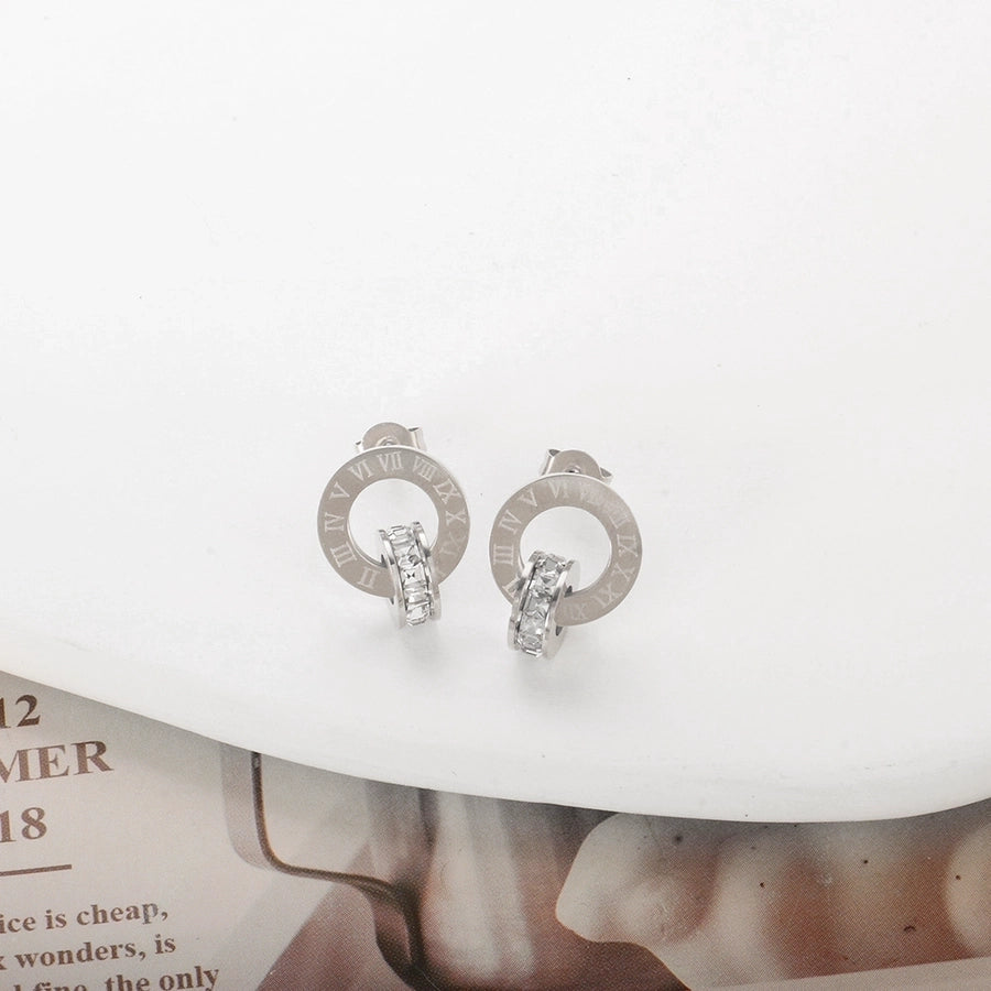 1 Pair Hip-Hop Simple Style Commute Circle Roman Numeral Inlay 304 Stainless Steel Zircon Ear Studs - CEJEW