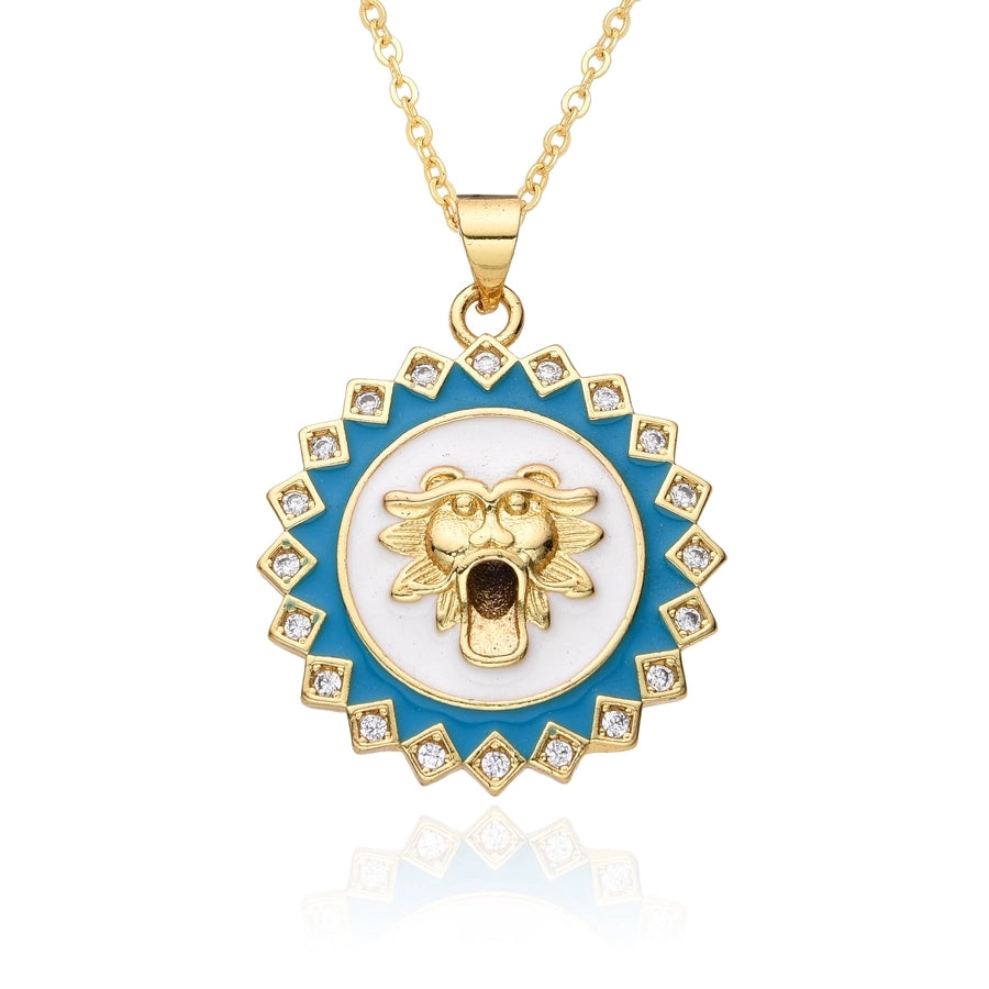 Copper Gold Plated Enamel Inlay Round Lion Bee Zircon Pendant Necklace