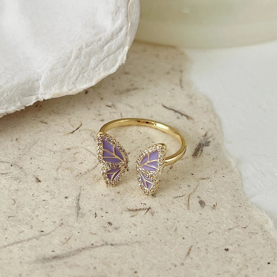 artistic flower rhombus butterfly copper enamel inlay artificial pearls shell zircon rings - CEJEW