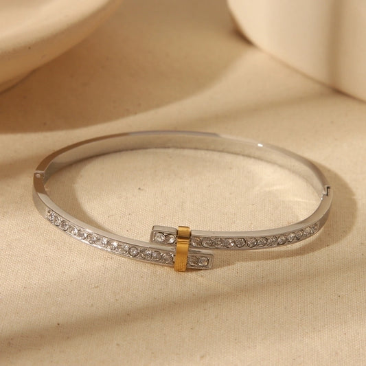 Elegant Luxurious Commute Solid Color 304 Stainless Steel 18K Gold Plated Zircon Bangle In Bulk