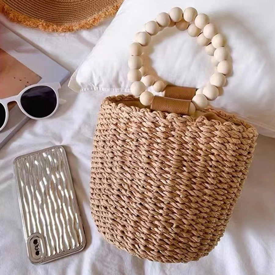 Women's Straw Solid Color Vacation Beading Weave Bucket String Handbag