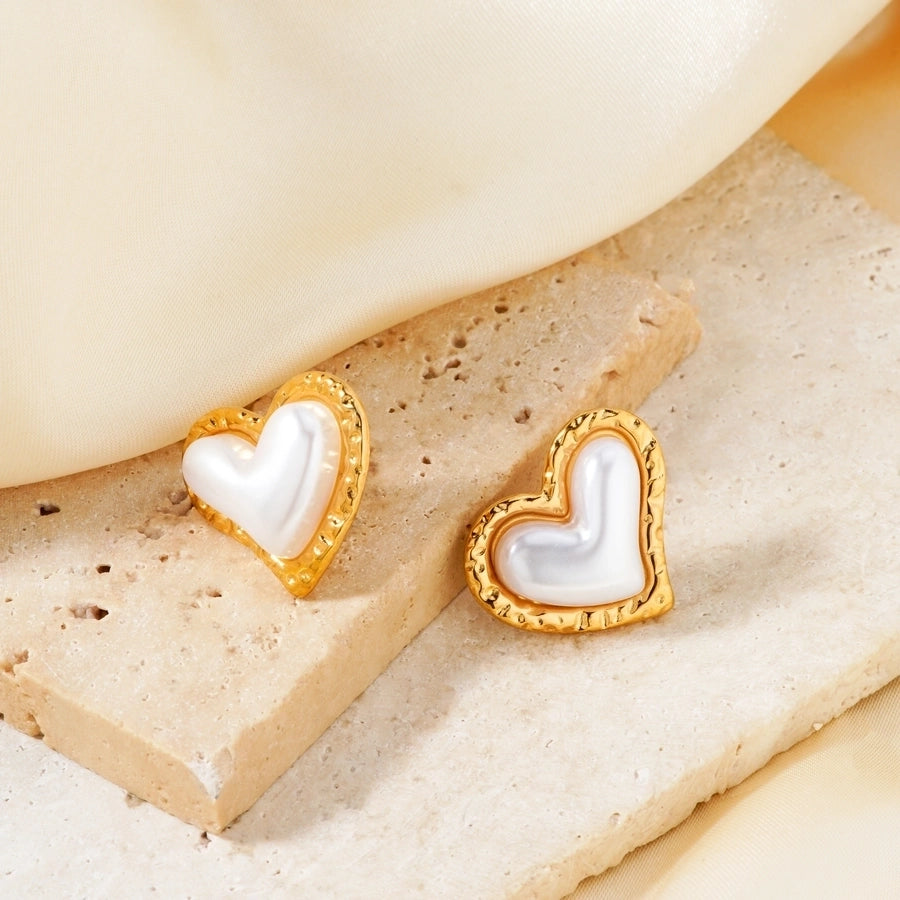 1 Pair Glam Sweet Simple Style Heart Shape Inlay 304 Stainless Steel Natural Stone K Gold Plated Rhodium Plated Ear Studs