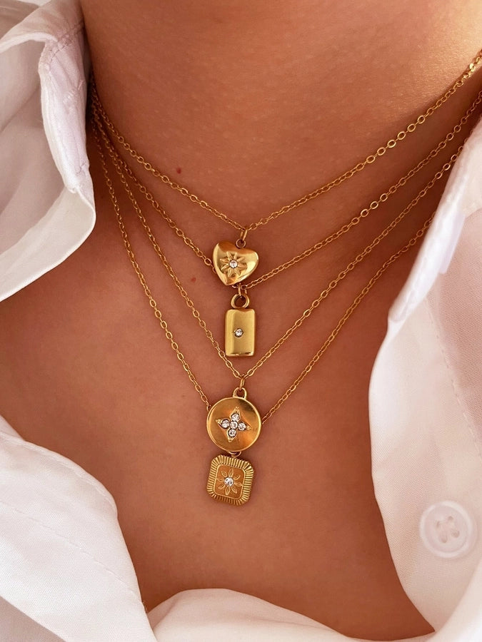 Jewelry Simple Style Commute Geometric 316L Stainless Steel  Rhinestones 18K Gold Plated Pendant Necklace