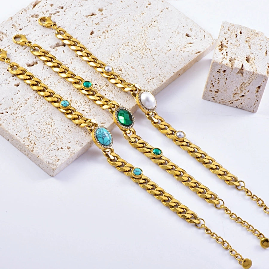 Hip-Hop Exaggerated Oval Titanium Steel Gold Plated Turquoise Rhinestones Pearl Bracelets In Bulk