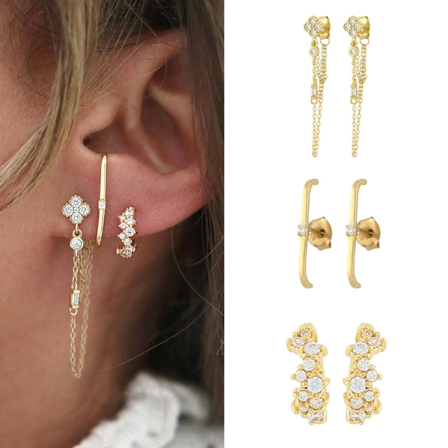 1 Pair IG Style Geometric Inlay Copper Zircon Gold Plated Ear Studs