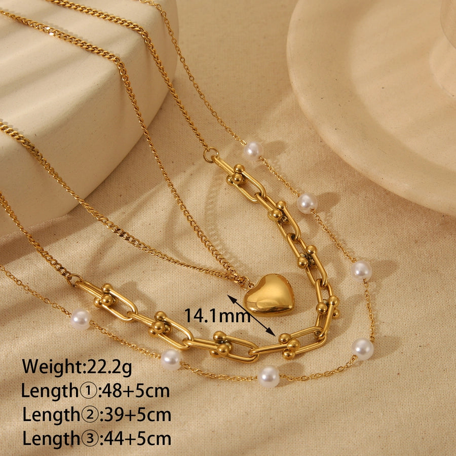 Jewelry Vintage Style Geometric Heart Shape 304 Stainless Steel 18K Gold Plated Plating Three Layer Necklace - CEJEW