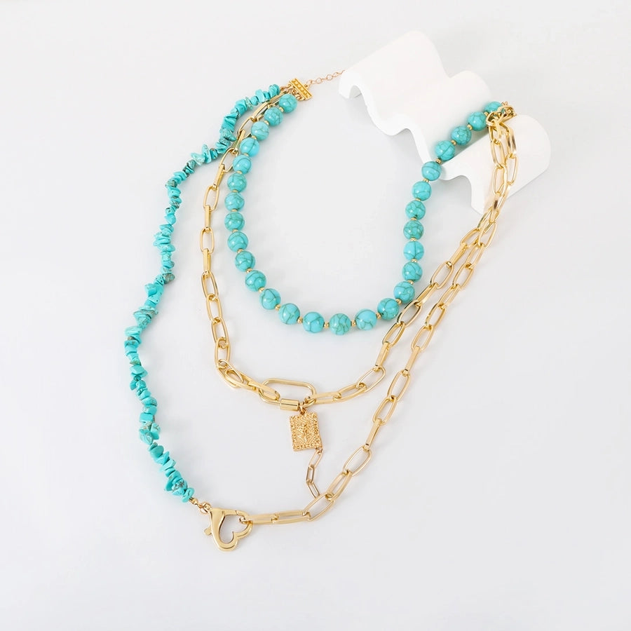 Elegant Exaggerated Lady Geometric Heart Shape Gold Plated Alloy turquoise  Three Layer Necklace