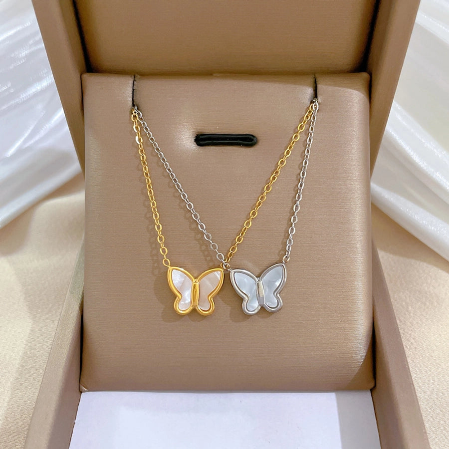 fashion butterfly titanium steel inlay shell necklace - CEJEW