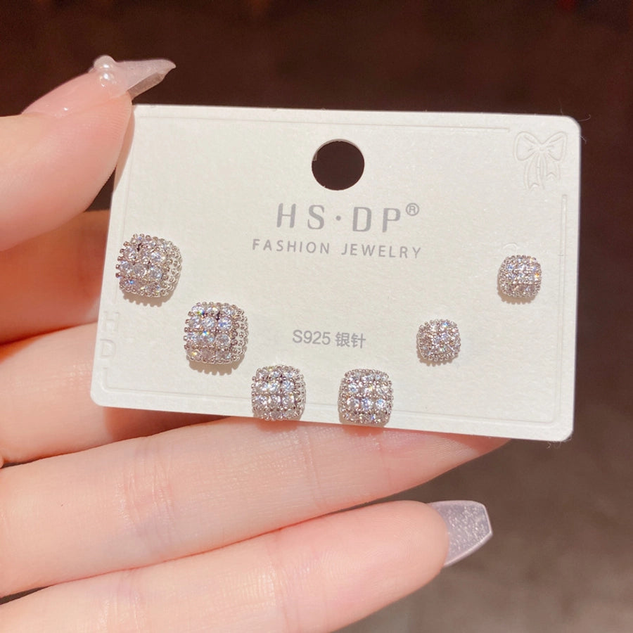 Korean Style Exquisite Fashion Super Flash Full Diamond Square Combination Set Earrings s925 Silver Pin Small  Daily Earrings