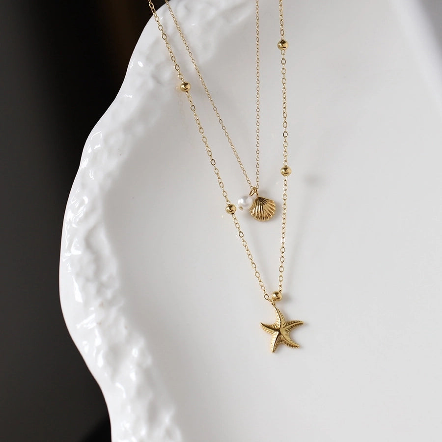 Jewelry Cute Vintage Style Vacation Geometric Starfish Shell 304 Stainless Steel 18K Gold Plated Double Layer Necklaces