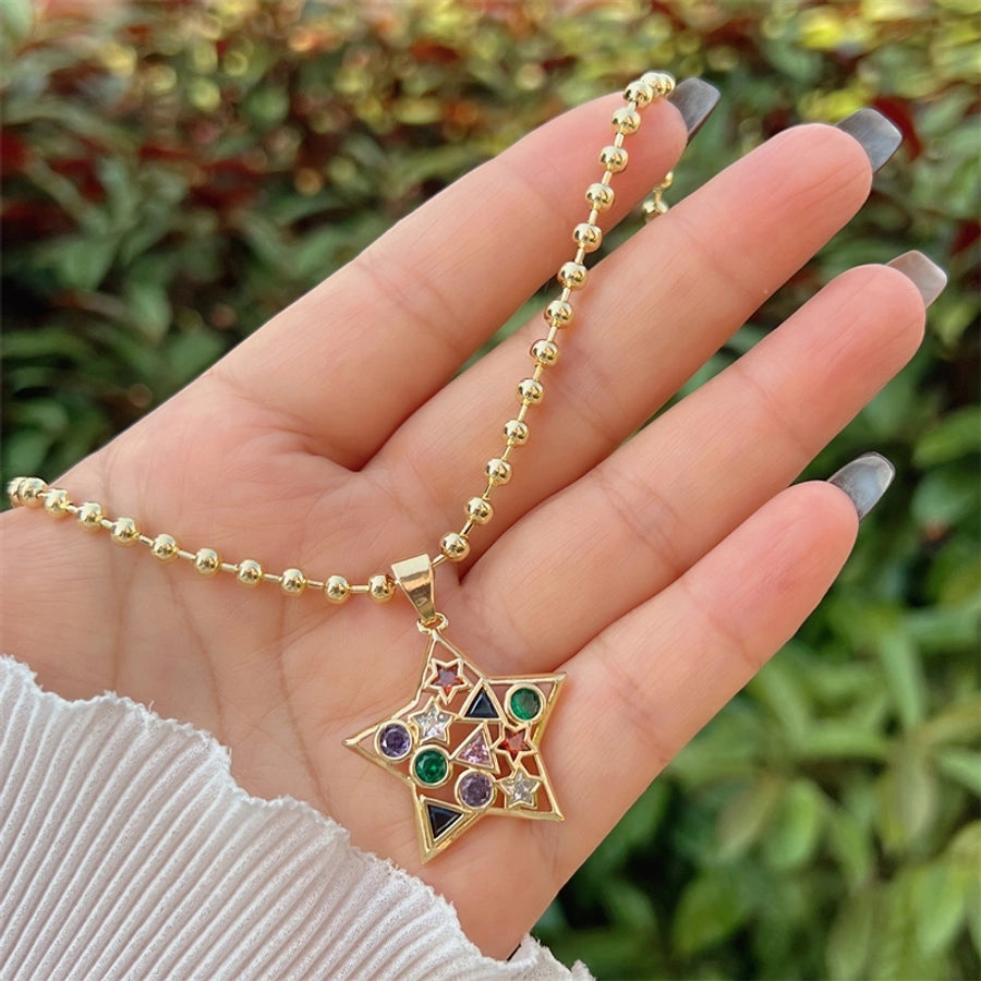 Copper 18K Gold Plated Inlay Round Star Zircon Pendant Necklace