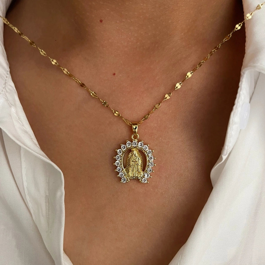 Jewelry Glam Queen Simple Style Virgin Mary Heart Shape Wings 316L Stainless Steel  Rhinestones Zircon 18K Gold Plated Plating Pendant Necklace