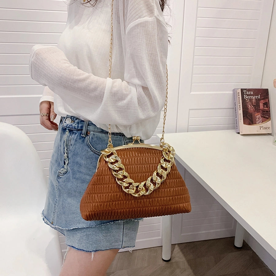 Women's Medium Pu Leather Solid Color Classic Style Sewing Thread Square Clasp Frame Crossbody Bag